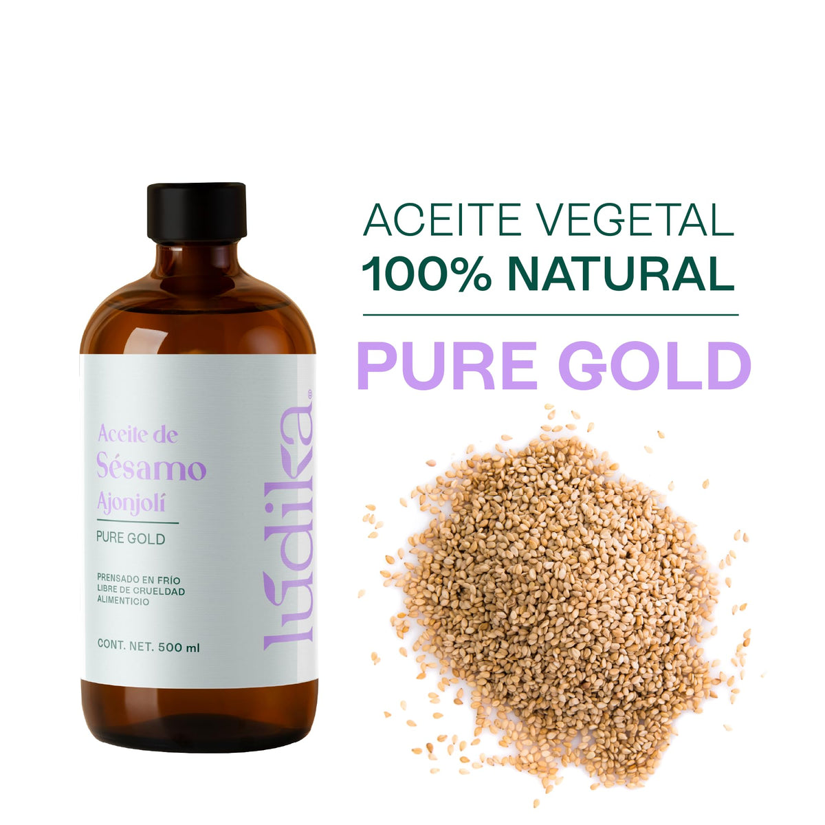 HEBBE Aceite De Ajonjolí 500 ml | Prensado En Frío 100% Puro | Hidratante Antioxidante | Elasticidad Piel | Cuidado Cabello