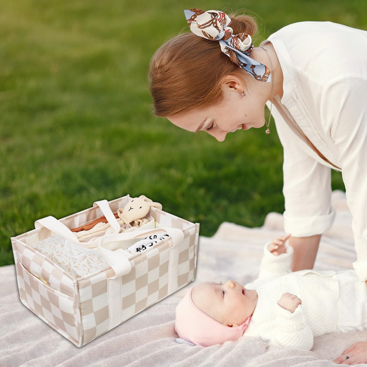 lethooly - Organizador de pañales para bebé, elegante cesta de almacenamiento para artículos esenciales para recién nacidos y estación de pañales, imprescindible para la lista de bebés (beige)