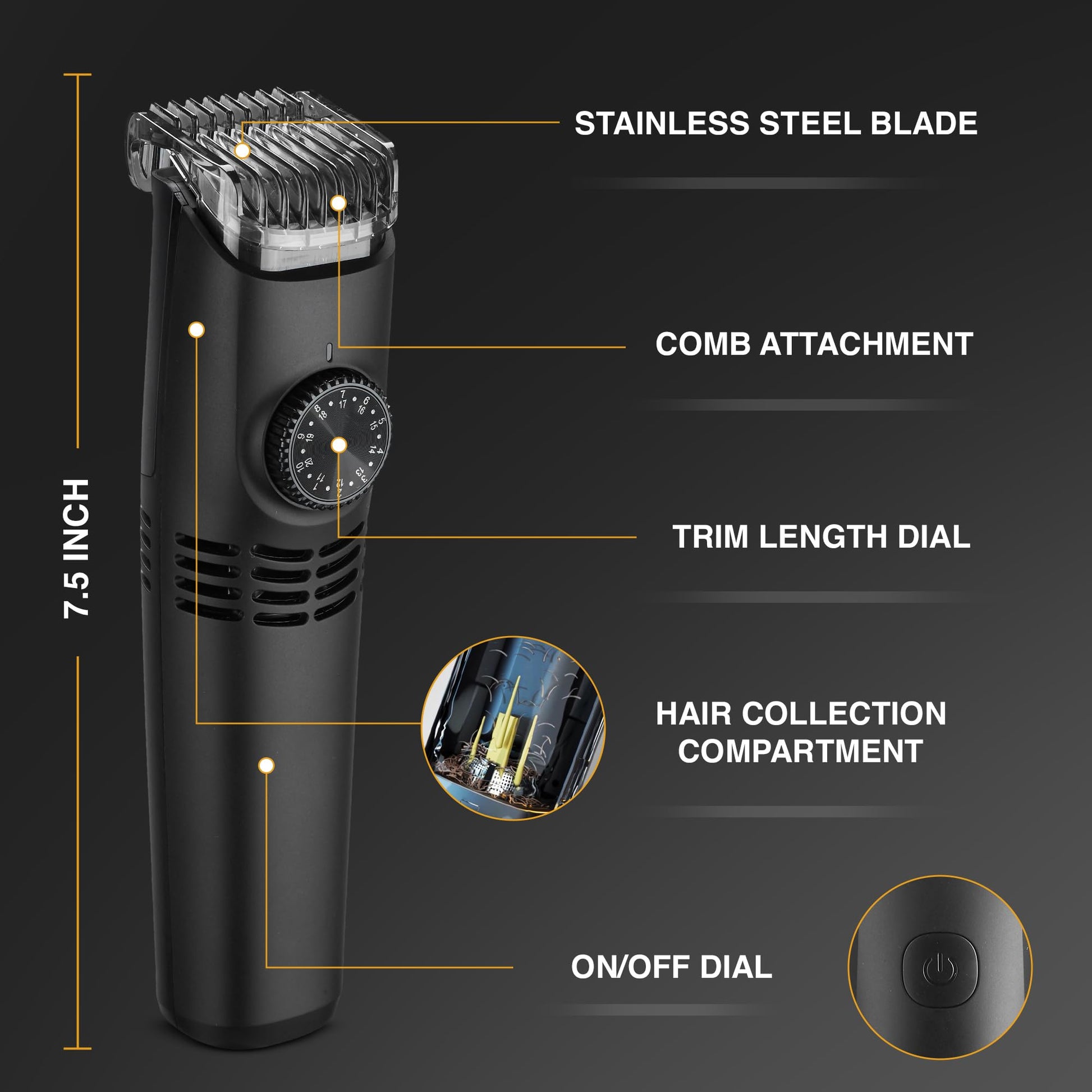 Bell+Howell- Recortadora de barba inalámbrica para hombres Vacutrim, afeitadora eléctrica recargable con calibración de 20 ajustes de corte