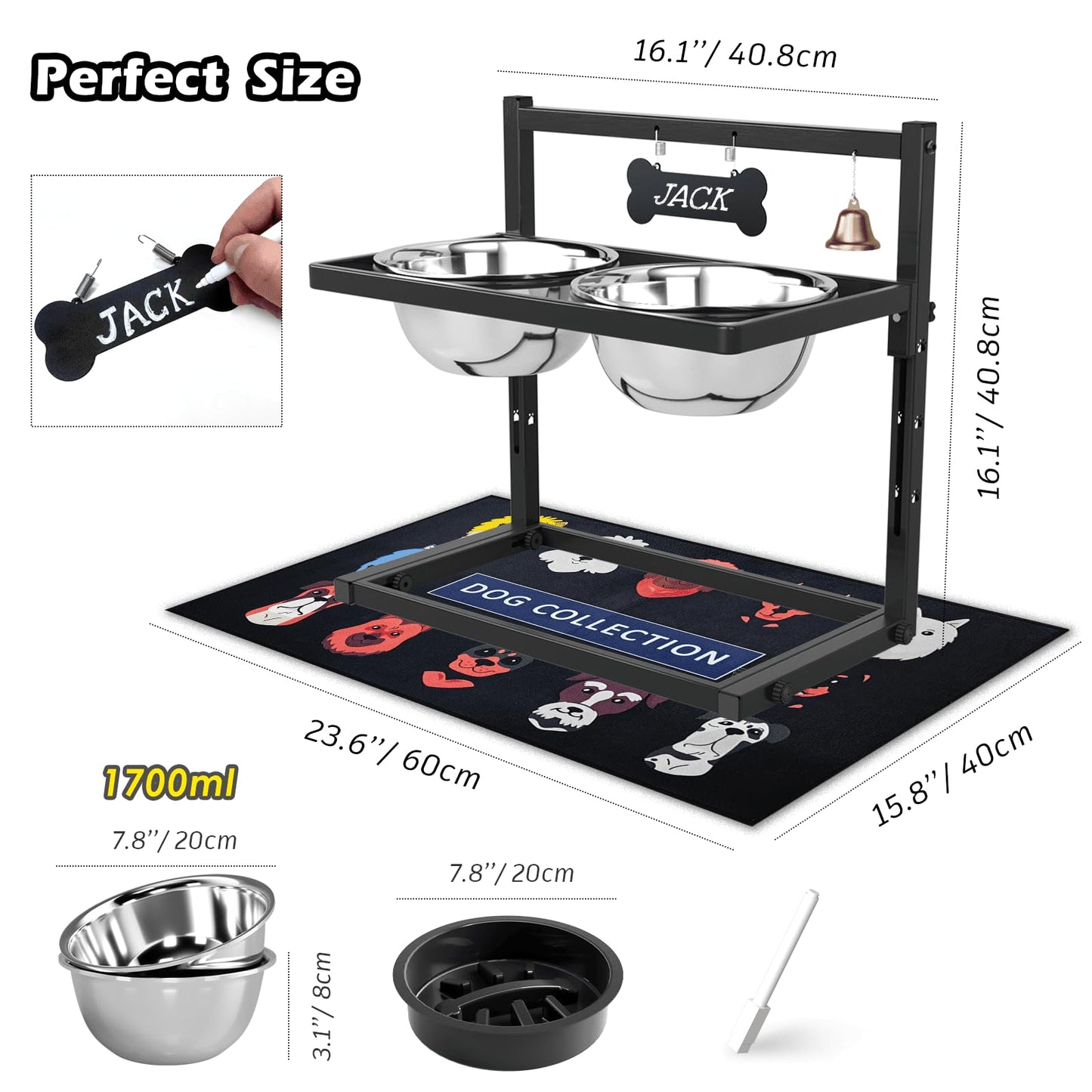 Cuencos Elevados SHAINFUN Negro con Alimentador Lento y Tapete Antiderrames para Perros Grandes y Medianos