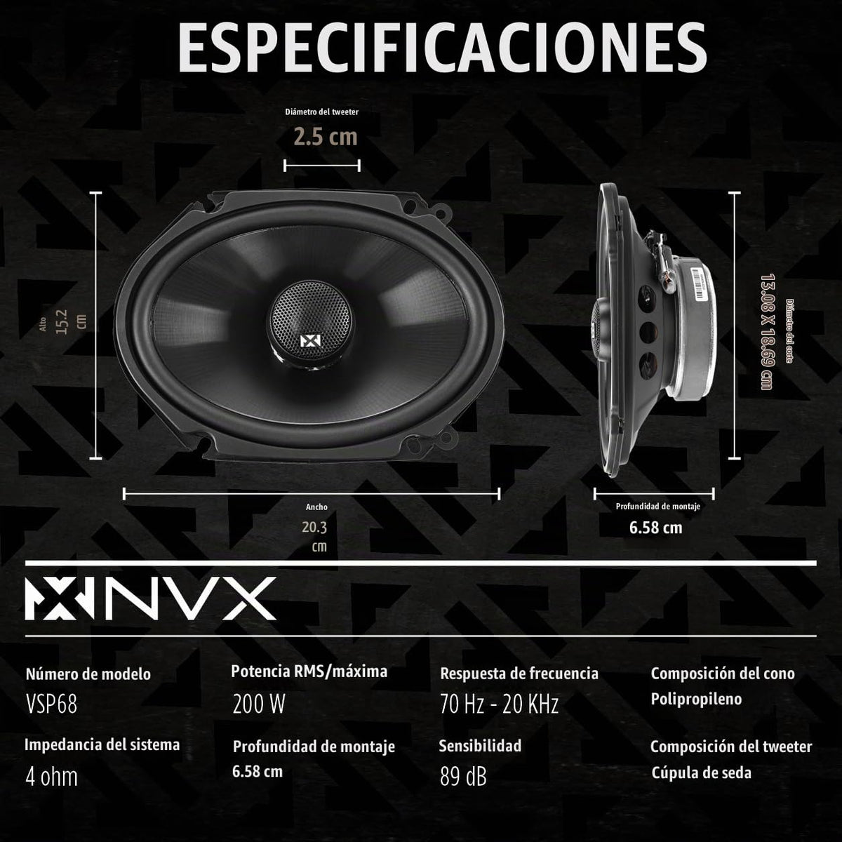 Bocinas Coaxiales para Auto NVX V-Series Negras de 5 y 6 Pulgadas con Tweeters de Domo de Seda, 130 Vatios