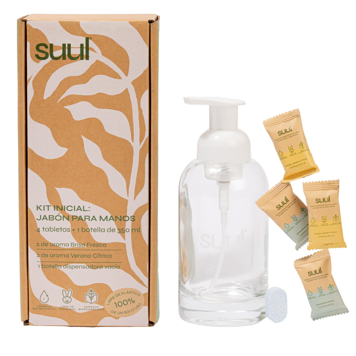 Suul Jabón Espuma Para Manos Recargable - Kit Inicial (1 envase espumador + 4 pastillas de 350ml. c/u), Ecológico y Antibacterial