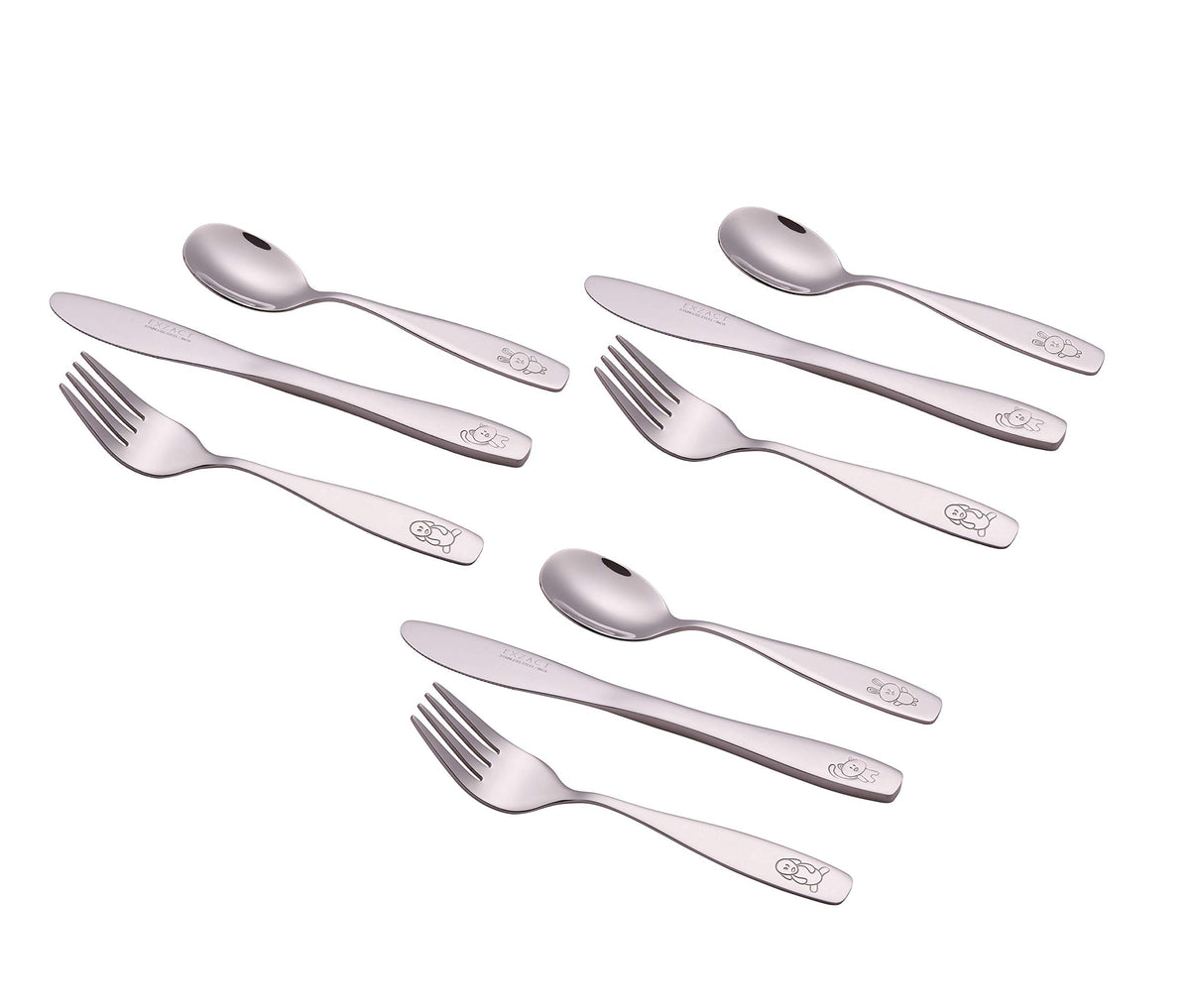 Exzact Children's Flatware 9 Pieces Set - Stainless Steel Cutlery/Silverware 3 x Safe Forks, 3 x Table Knife, 3 x Tablespoons - Safe Kids Toddler Utensils Lunch Box (Engraved Dog Cat Bunny) (WF850-S9)
