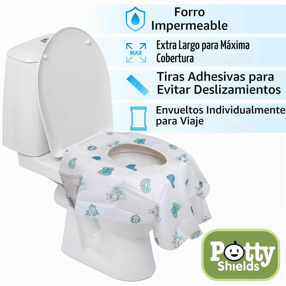 Cubiertas Desechables para Asiento de Inodoro Potty Shields (Paquete de 40) - Cubierta de Inodoro XL Impermeable para Niños Pequeños, Niños y Adultos - Portátil y Envuelta Individualmente para Viajes