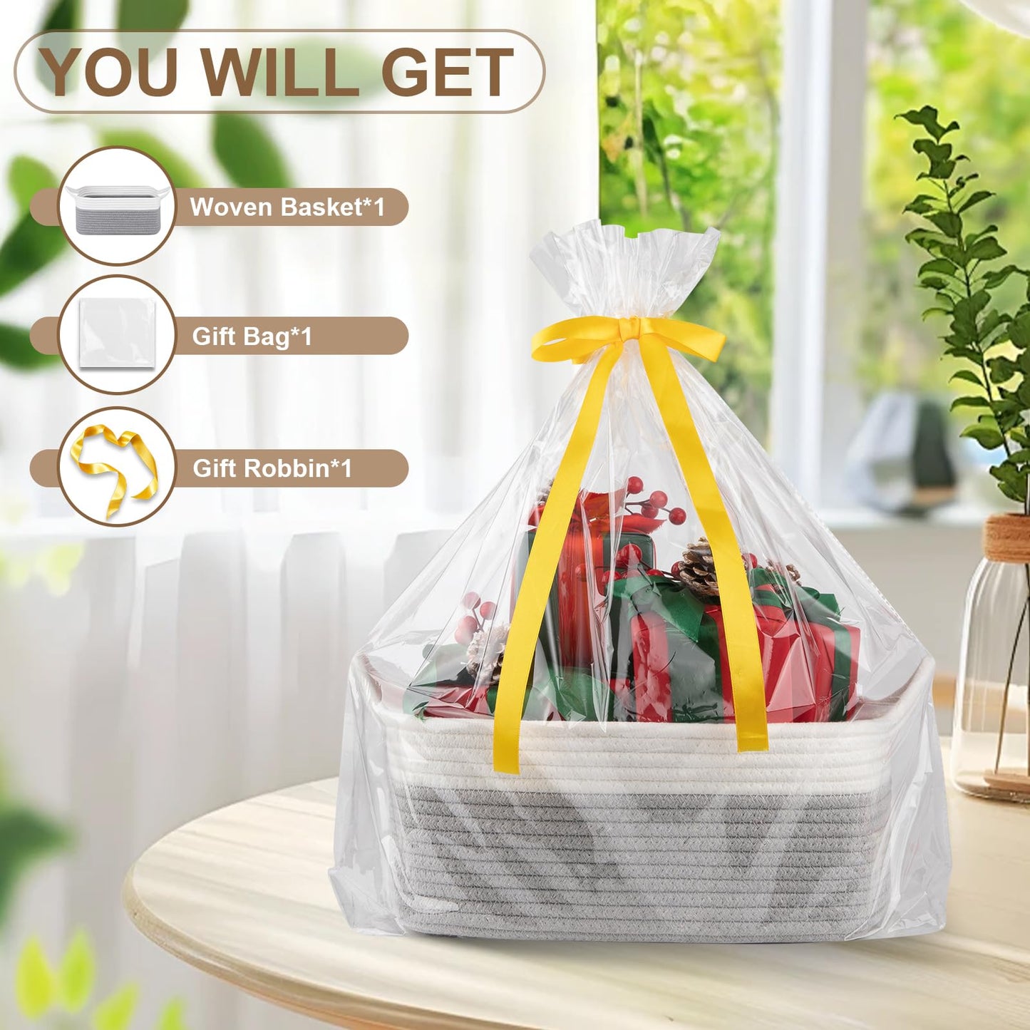 OIAHOMY Cesta tejida pequeña con bolsas de regalo y cintas, cesta de regalo vacía para bebé, cesta de almacenamiento con asas para orejas de gato para estante, sala de estar, baño, cesta de juguetes