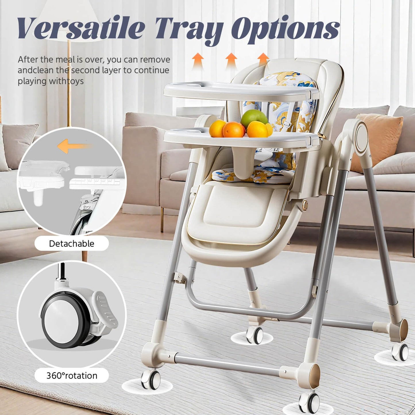 Silla alta multifuncional para bebé, plegable, ajuste de altura de 8 niveles, respetuoso con el medio ambiente, lavable, cojín de poliuretano, silla de alimentación para bebés (blanco)