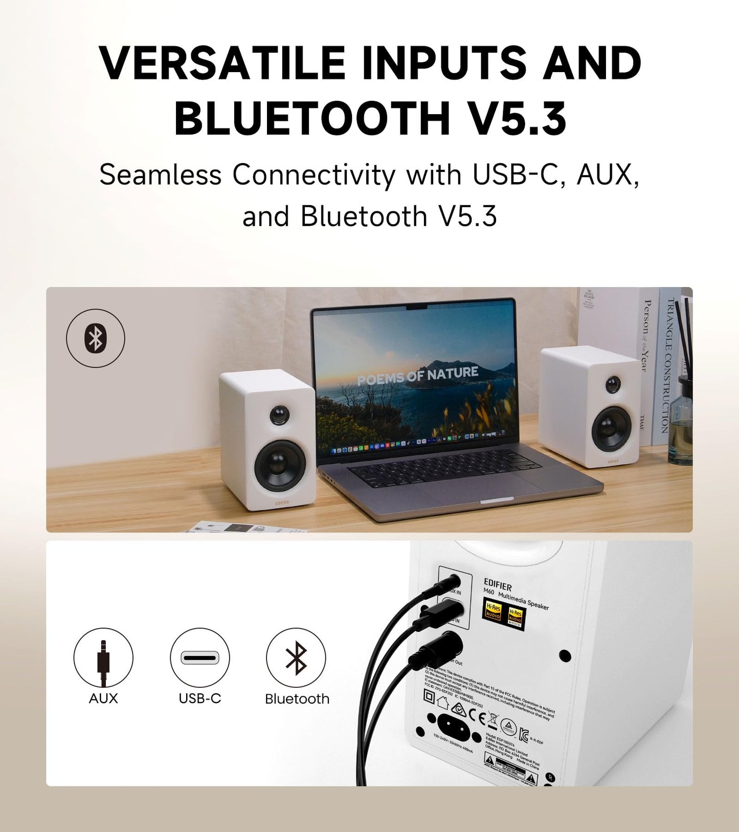 Edifier M60 - Altavoz multimedia Bluetooth 5.3, 66 W RMS, audio de alta resolución y audio inalámbrico de alta resolución, LDAC, bajo medio de 3 pulgadas y altavoz de agudos de 1 pulgada, entradas