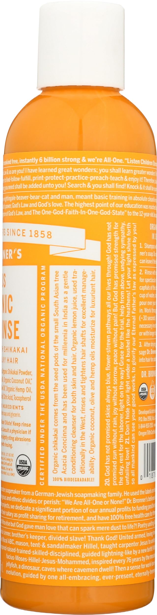 Dr. Bronner's | Acondicionador orgánico con ácido de cítricos, suaviza y desenreda el cabello, dejándolo manejable y brillante – 237 ml