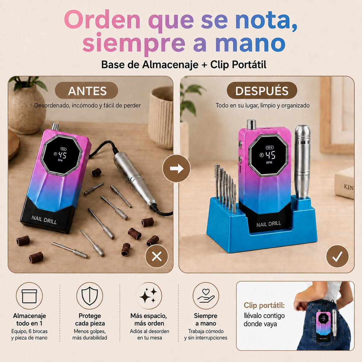 Esmerl para Uñas Eléctrica,Drill para Uñas Profesional 45000 rpm de Velocidad Ajustable con base de soporte,6 Drill Multifunción,Drill para Uñas Profesional de bajo ruido para uso doméstico y salón.