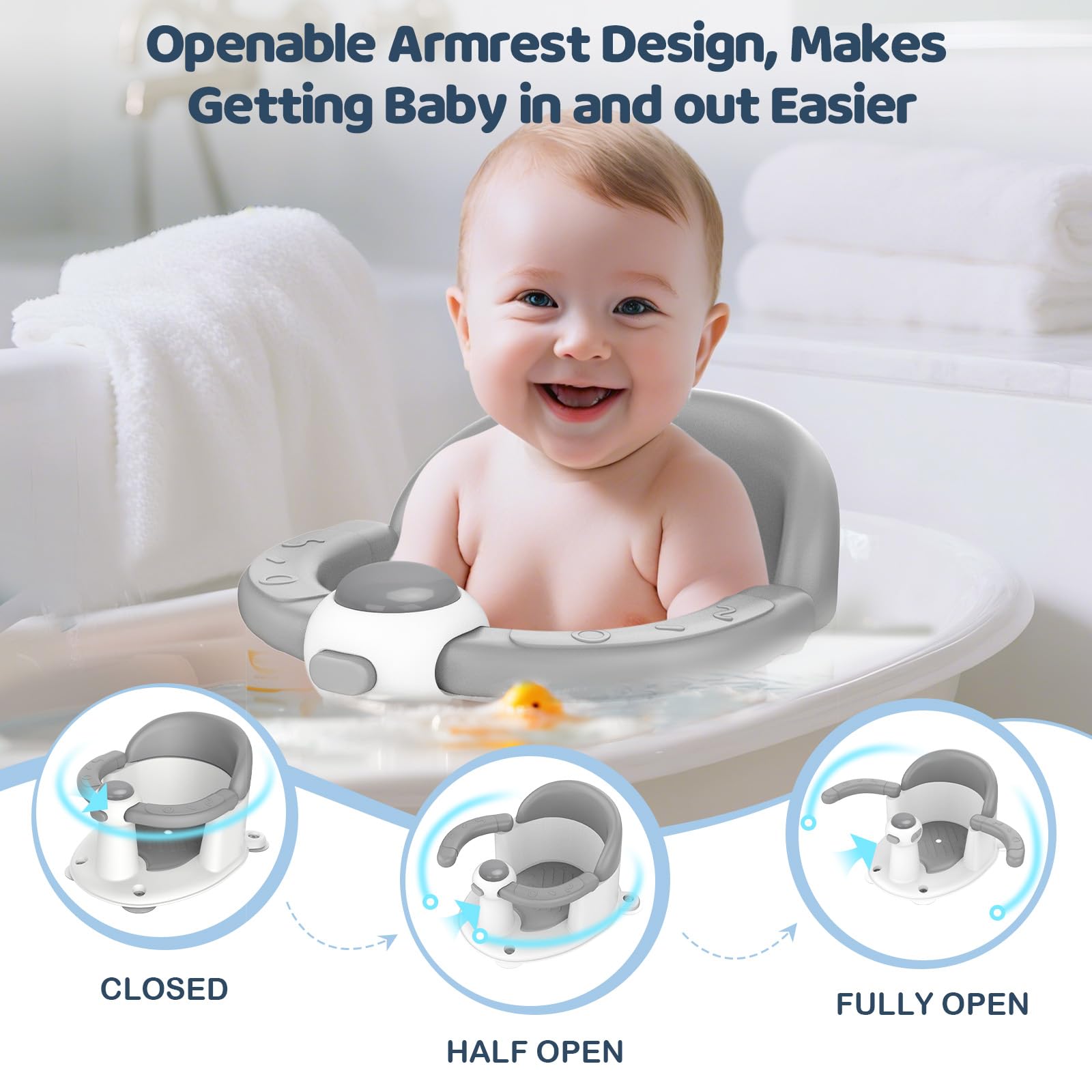 TOSGN - Asiento de baño de bebé para bebés de 6 meses en adelante, 3 juguetes de baño de bebé, asiento de baño antideslizante, soporte de baño seguro y cómodo, para tina/sala de estar, ducha, color