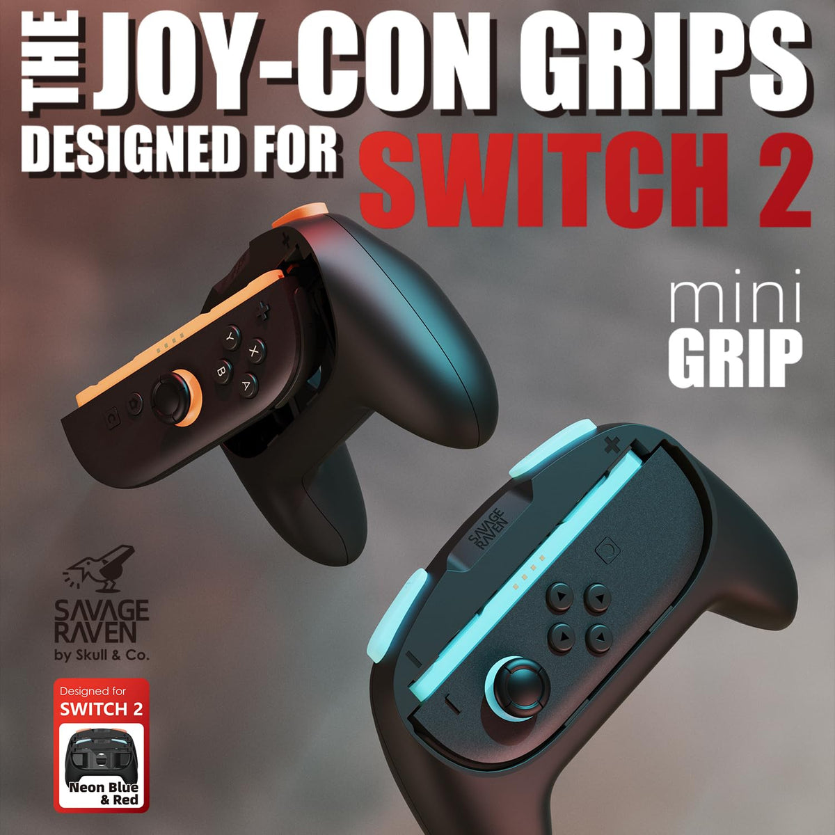 Soporte de Agarre Skull & Co. MiniGrip Azul Neón y Rojo Negro para Nintendo Switch 2 Joy-Con
