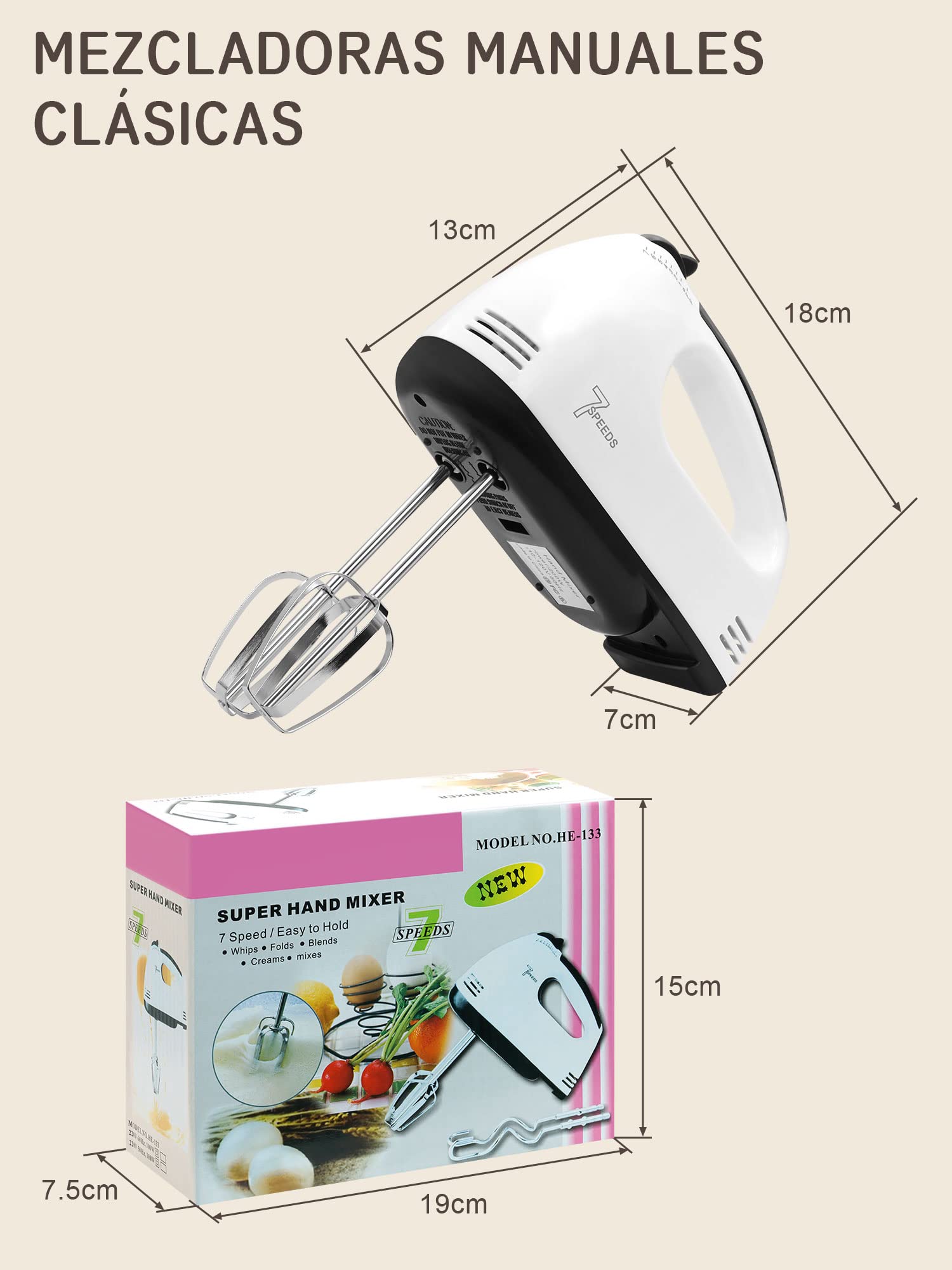 Batidora de Mano 7 Velocidades，Turbocharged Batidora de Mano, Mezclador de Cocina Incluye 4 Barras de Mezcla para Mezclar, 1 Separación De Claras De Huevo