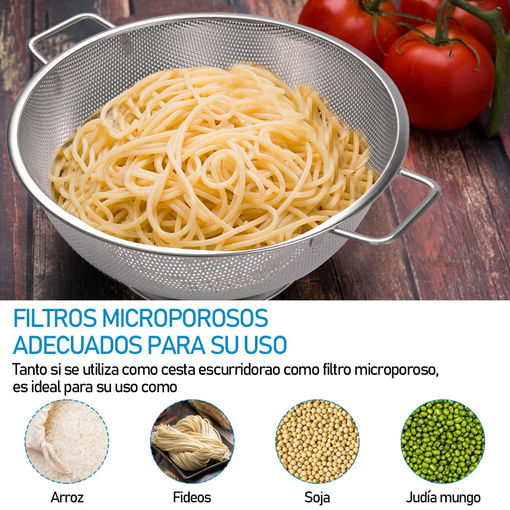 Bulaned Colador Microperforado de Acero Inoxidable, Colador Microperforado con Mango, Escurridor de Comida, Colador de 5 Cuartos, Escurridor de Ollas para Cocinar, Coladores de Malla