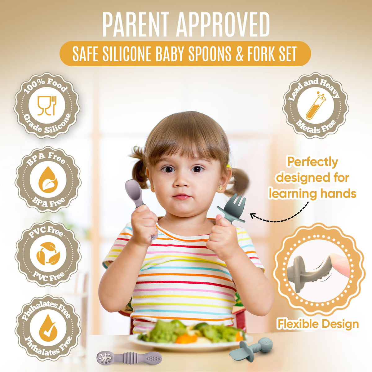 HippoBaby - Cucharas de silicona para bebé, 4 piezas, utensilios autoalimentables para bebé, 6-12 meses, 3 cucharas para bebé, 1 tenedor para bebé, juego de cubiertos para niños pequeños, sin BPA