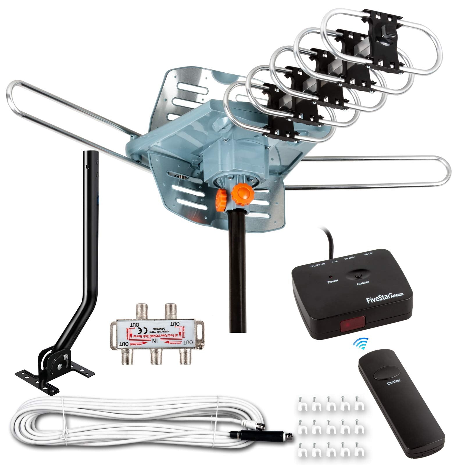 Five Star Antena HDTV amplificada digital para exterior, rango 241 m, control remoto inalámbrico, rotación 360 grados, equipo de instalación de cable coaxial RG6 30 m, poste de montaje, 5 televisores