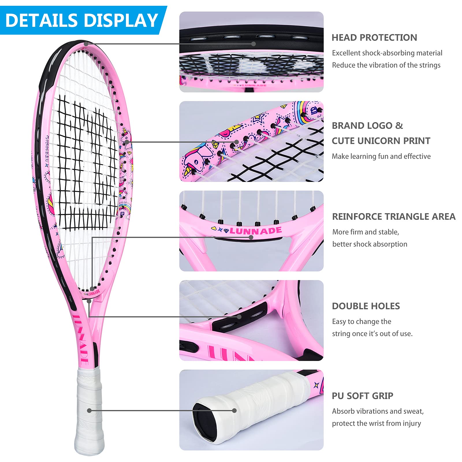 LUNNADE - Raqueta de tenis para niños pequeños, 19/21/23/25 pulgadas con cubierta, adecuada para niños y niñas principiantes de 3 a 12 años