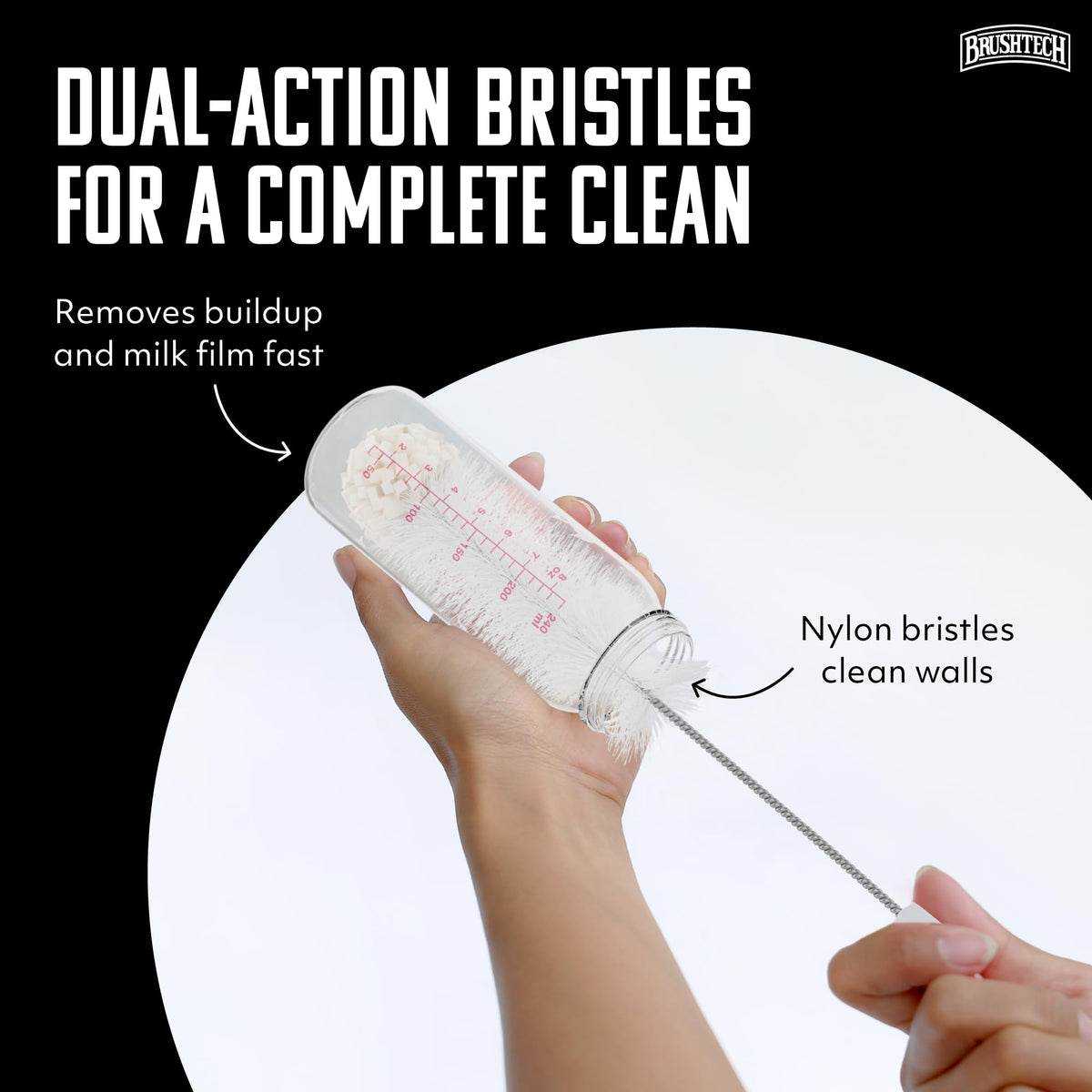 Brushtech - Cepillo para biberones con punta de espuma, paquete de 2 – cerdas duraderas y suaves y punta de espuma para limpieza profunda de biberones, fabricado en Estados Unidos, herramientas de