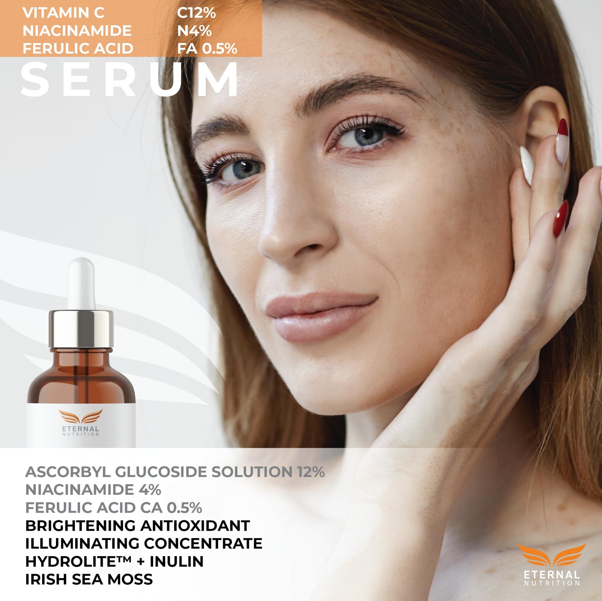 Serum VITAMIN C12%, Nacinamide 4%, Ferulic Acid 0.5%. 50ml. Suero Antimanchas e imperfecciones | Ingredientes Naturales | Skin Care | Luminosidad, Hidratación, Firmeza y Tono Uniforme | Para Todo Tipo de Piel by ETERNAL NUTRITION