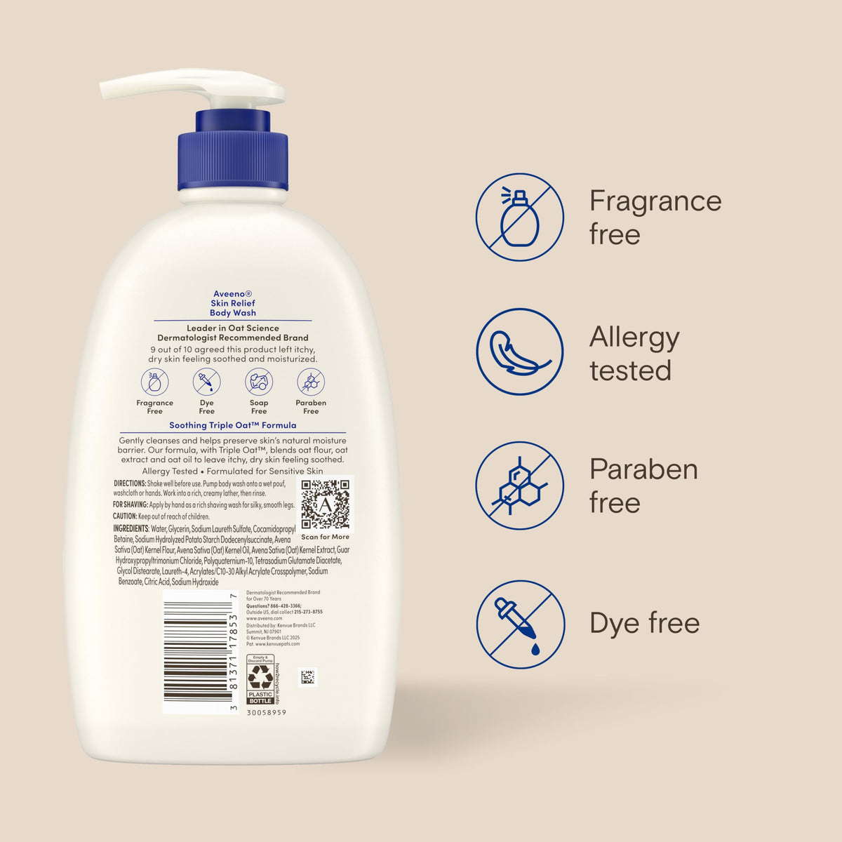 Aveeno Skin Relief Fragrance-Free Body Wash with Oat to Soothe Dry Itchy Skin, Gentle, Soap-Free & Dye-Free for Sensitive Skin, 33 fl. oz