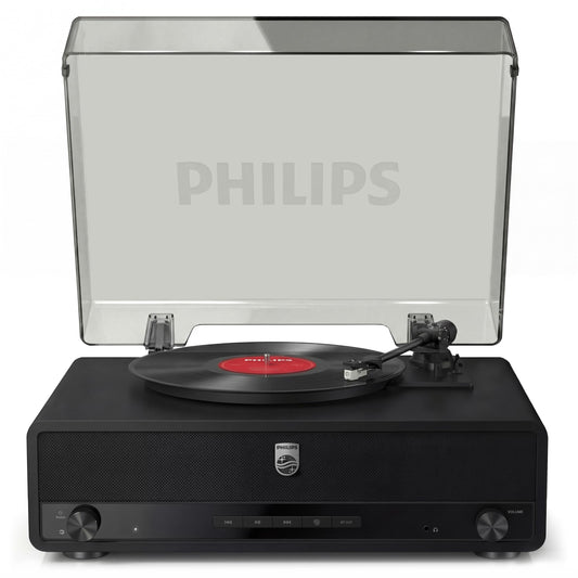 Reproductor de Grabación de Tocadiscos Philips Negro con Bluetooth y Altavoces Integrados, Lápiz Audio-Technica, Reproductor de Vinilo de 3 Velocidades y Transmisión Inalámbrica