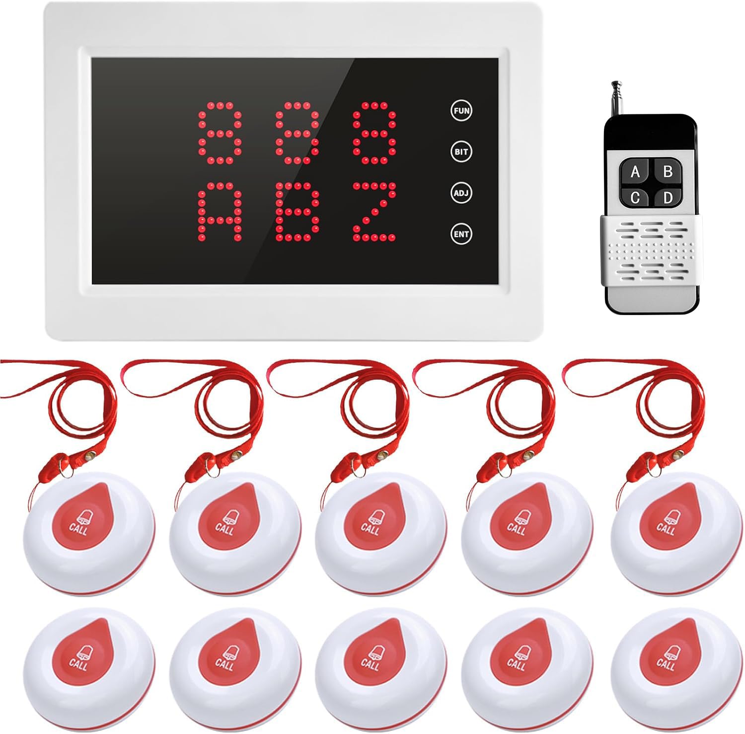 WNKRUN - Sistema de llamadas inalámbricas para cuidadores de 1200 pies con 1 receptor de visualización/control remoto inalámbrico/10 botones de llamada impermeables para cuidadores de clínica de