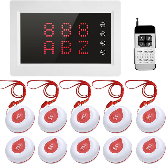 WNKRUN - Sistema de llamadas inalámbricas para cuidadores de 1200 pies con 1 receptor de visualización/control remoto inalámbrico/10 botones de llamada impermeables para cuidadores de clínica de