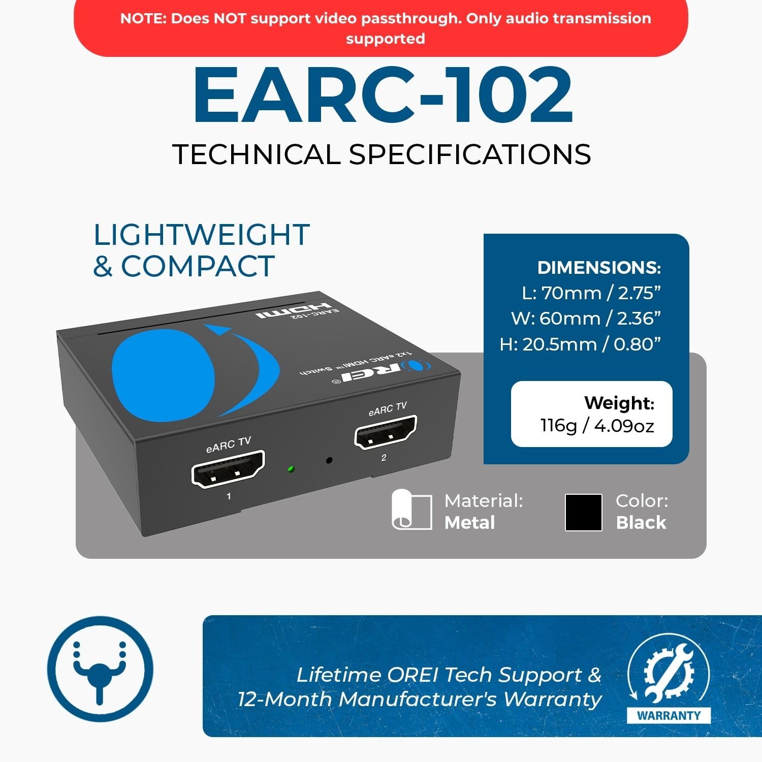 OREI eARC/ARC HDMI 2x1 Interruptor de Audio – Conecta una Barra de Sonido/Receptor AV a Dos televisores eARC, soporta Dolby Atmos, DTS:X, TrueHD, Audio de 32 Canales, conmutación automática/Manual