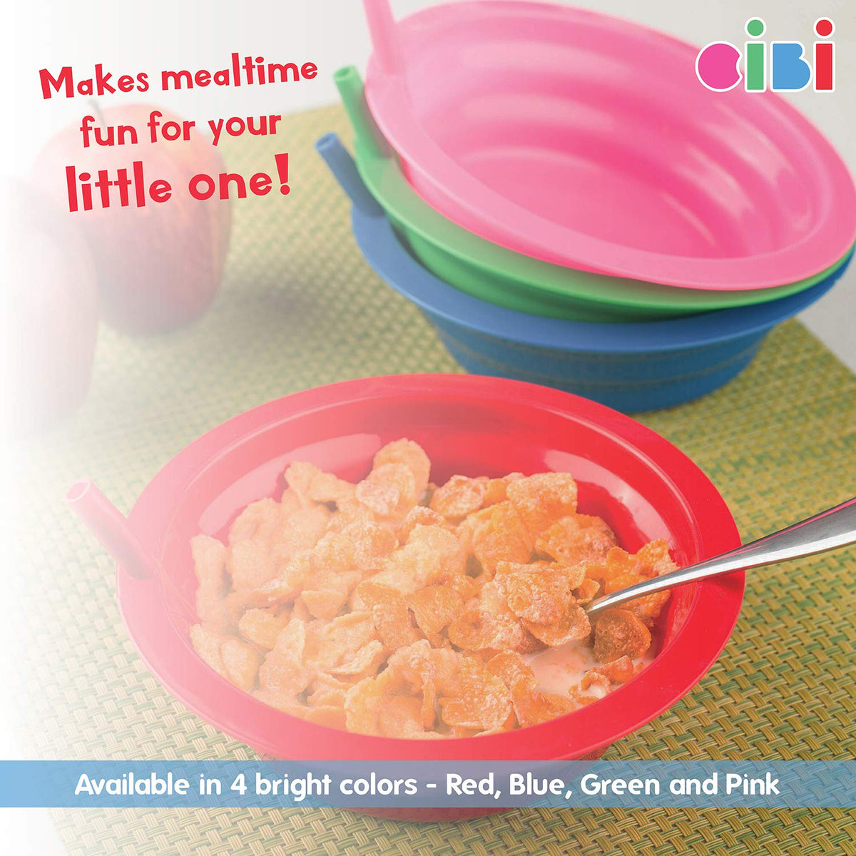 Cibi - Cuencos de cereales con pajitas para niños de plástico sin BPA | Tazones para niños pequeños con pajita integrada para cereales y sopa | Juego de 4 cuencos coloridos para desayuno..