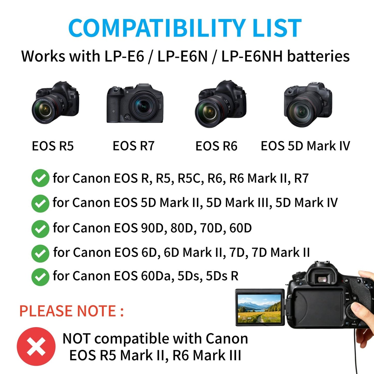 Kimaru ACK-E6 DR-E6 DC Coupler LP-E6 LP-E6N Batería ficticia AC Adaptador de corriente Kit para cámaras Canon EOS R R5 R6 R6II R7, 80D 70D 60D 90D, 5D Mark II III IV, 6D 7D, 6D Mark II, 7D Mark II
