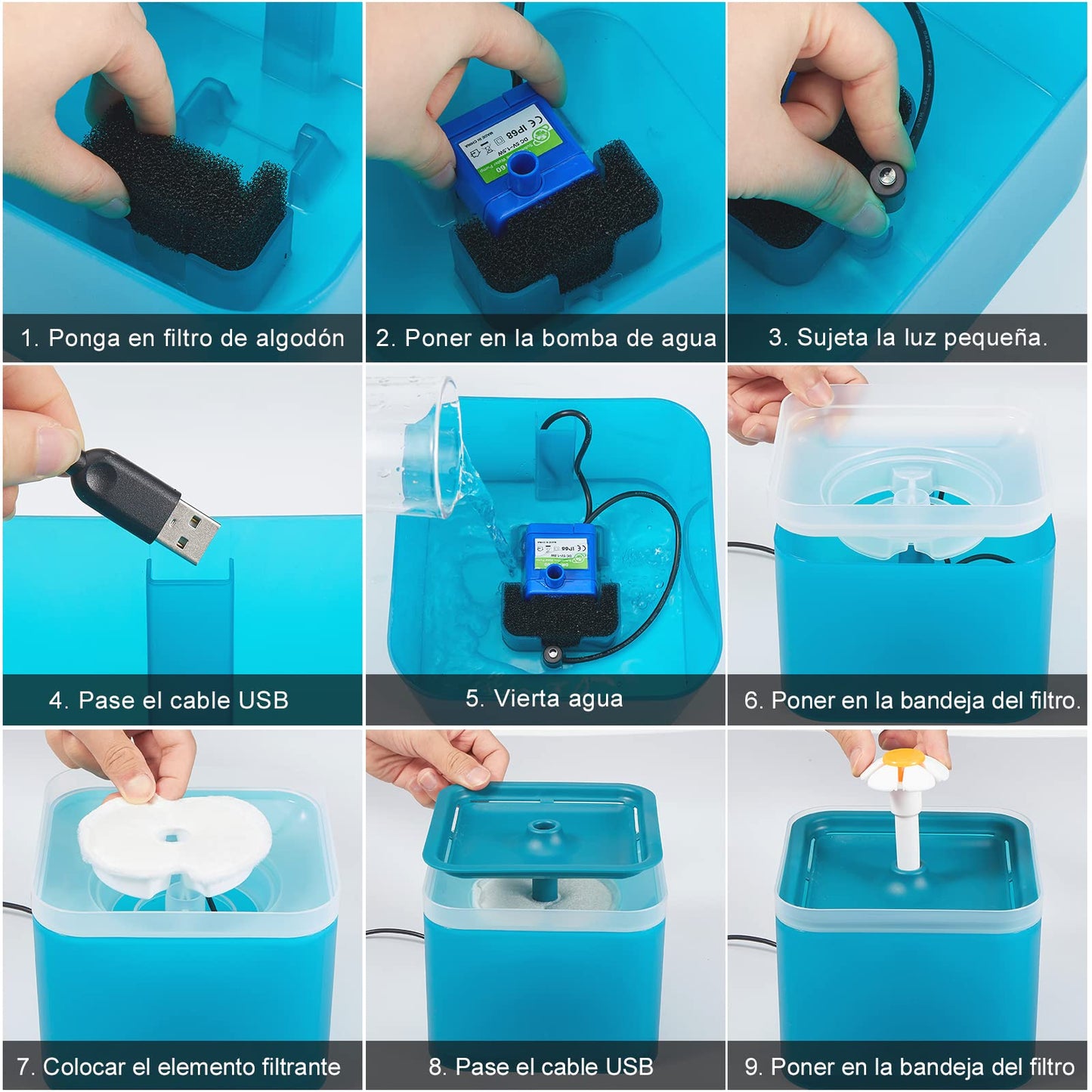 Fuente de Agua para Gatos, Fuente para Gatos Ultra Silenciosa con luz LED, Fuente de Agua para Mascotas con Capacidad de 2 l con Filtro, Dispensador Automático de Agua Potable para Gatos y Perros