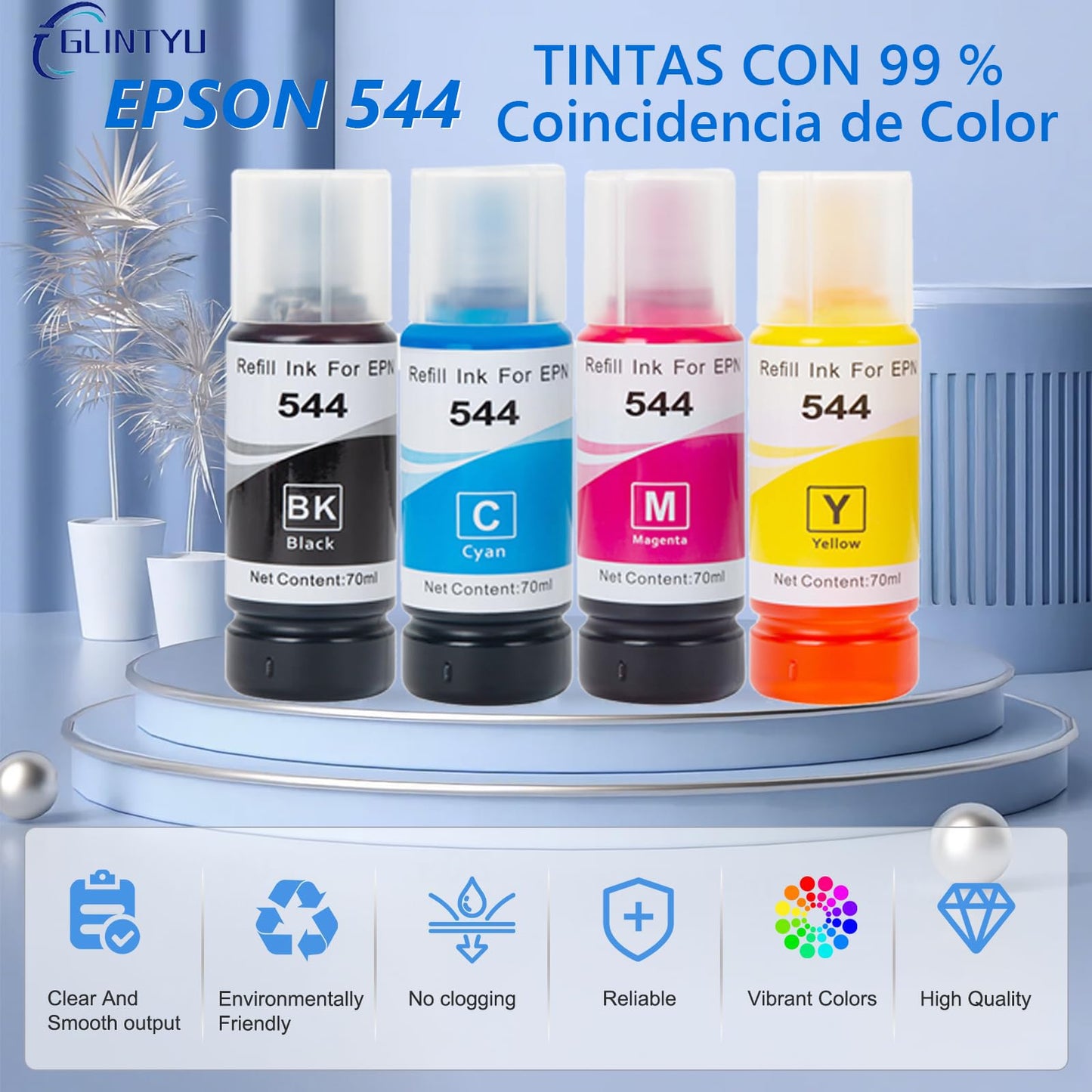 GLINTYU 4 Pack Botella Repuesto Tinta 544, Compatible con Tinta Epson 544, Negro, Azul, Rojo, Amarillo, Compatible para T544, L1110, L3110, L3150（ 70 ml Cada una）