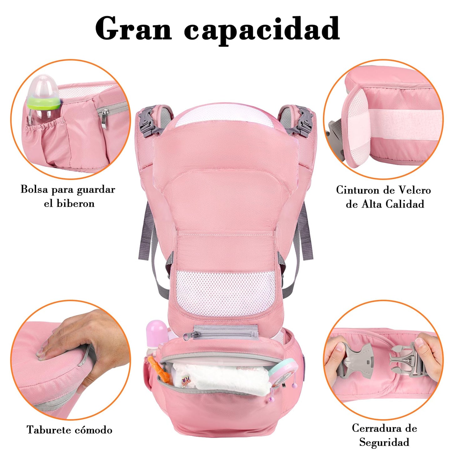 Portabebés Fular Cangurera Asiento de Cadera Ergonomico Ligero y Ajustable Rosa para Bebé de 0 a 36 Meses