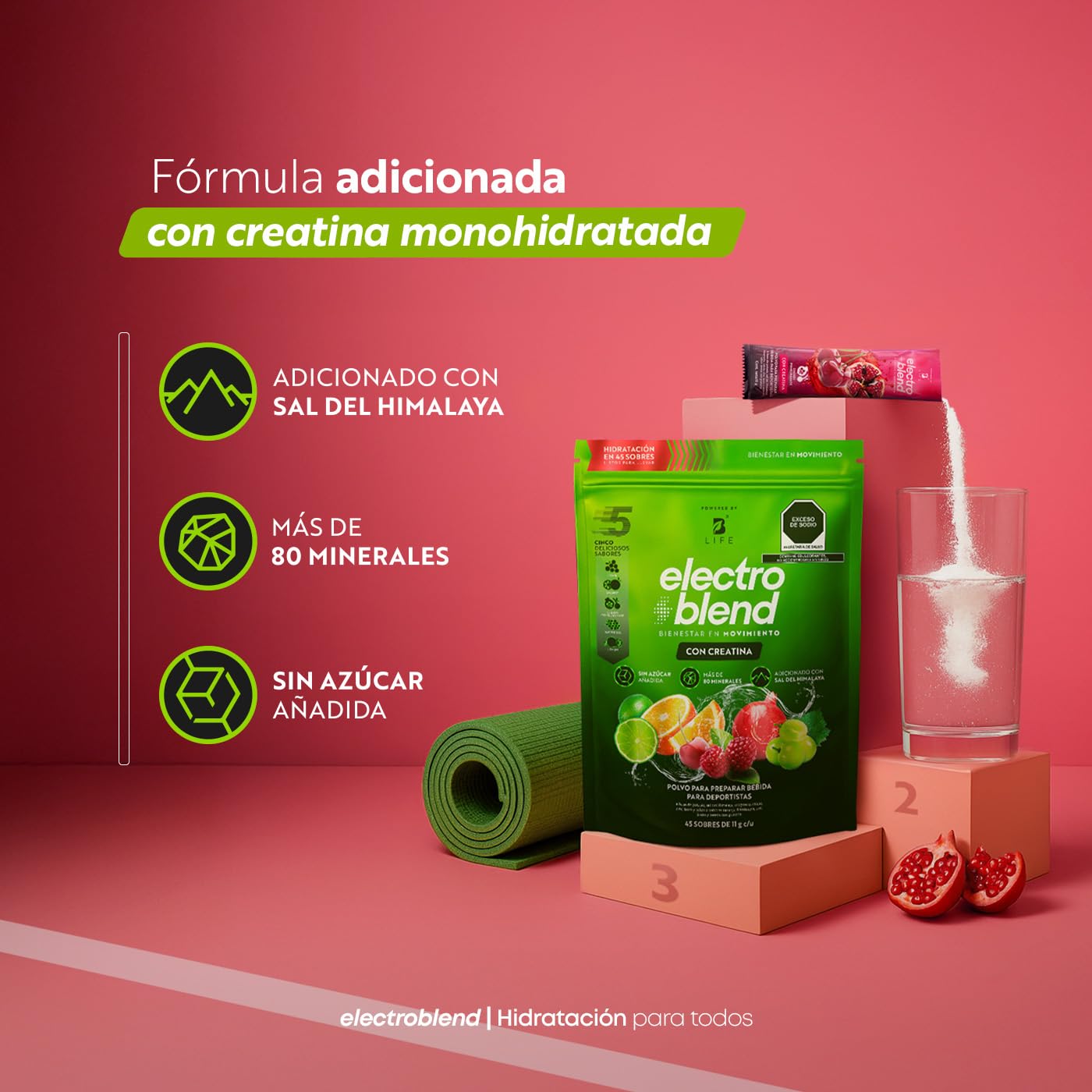 B Life Electrolitos con Creatina | 5g de creatina monohidratada por porción | 45 sobres | Sin Azúcar Ni Colorantes Añadidos | Más de 80 Minerales | 495g | Electroblend Con Creatina.