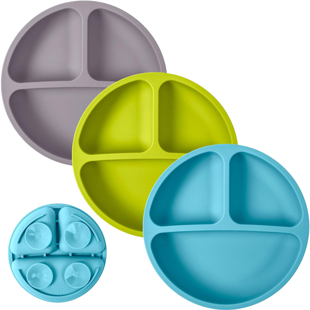 Placas de succión WeeSprout para bebés y niños pequeños - 100% silicona, vajilla que se mantiene en su lugar, diseño dividido para comedores exigentes, aptas para microondas y lavavajillas, paquete de