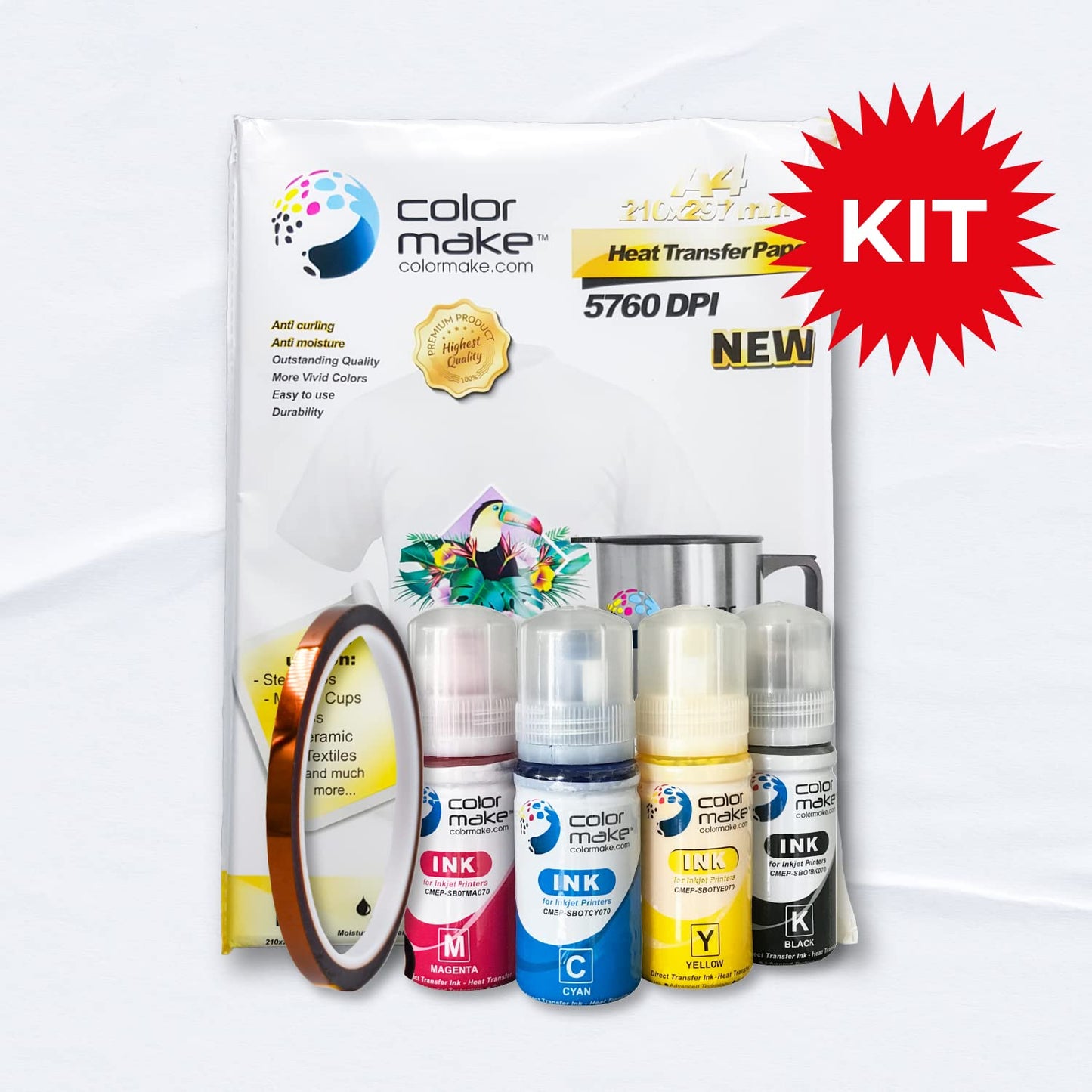 Color Make - Kit de 4 Tintas para Sublimación CMYK Botella Ecofit 70 Gramos c/u, Papel para Sublimación Premium 110 Gramos 100 Hojas Tamaño A4 y Cinta Térmica de 6 mm x 30 Metros.