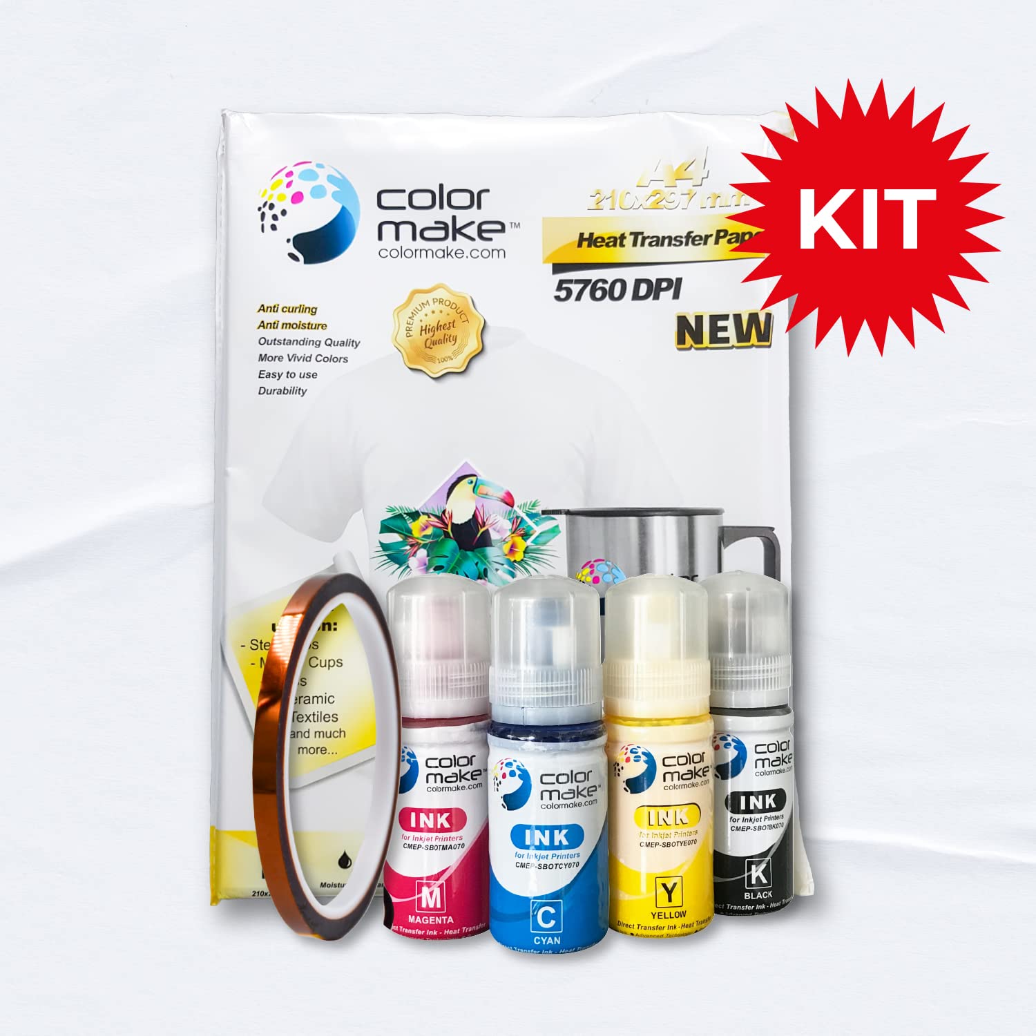 Color Make - Kit de 4 Tintas para Sublimación CMYK Botella Ecofit 70 Gramos c/u, Papel para Sublimación Premium 110 Gramos 100 Hojas Tamaño A4 y Cinta Térmica de 6 mm x 30 Metros.