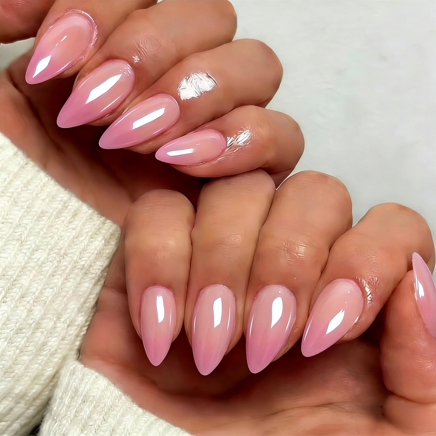 SXVME Uñas francesas cromadas prensadas almendra, uñas postizas ombré medianas con acabado de espejo esmaltado, uñas cromadas en degradado nude lila prensadas, uñas de gel stiletto para bodas de mujer