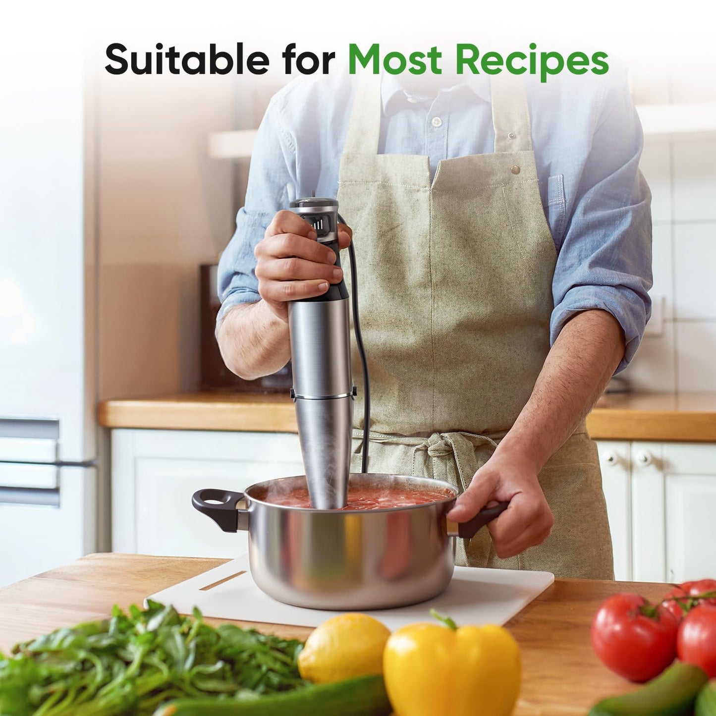 Licuadora de inmersión de mano 3 en 1 de 1100 W con cable para cocina con control de velocidad de gatillo, con batidor, espumador de leche, emulsionante perfecto para sopa, licuado, puré