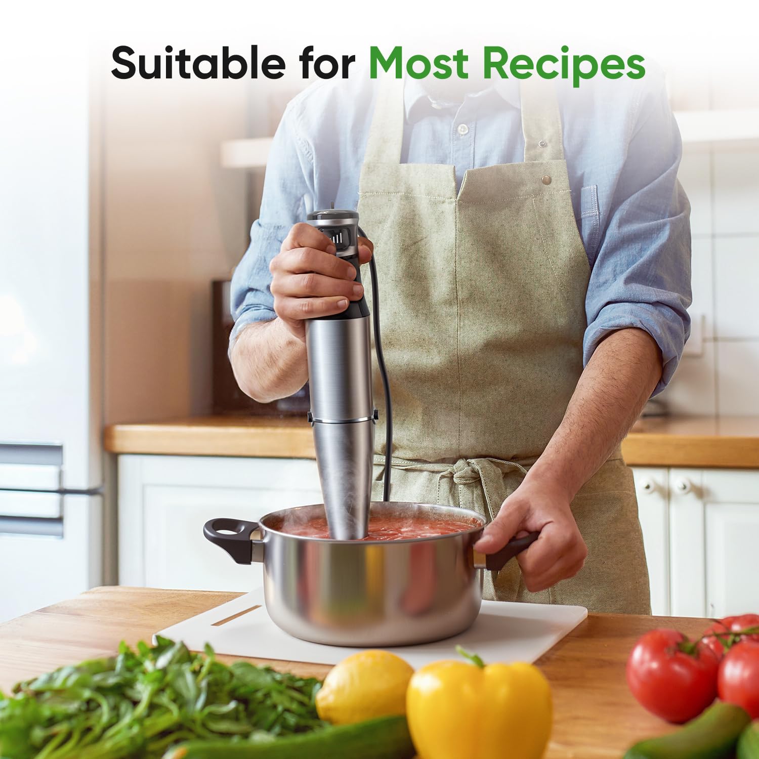 Licuadora de inmersión de mano 3 en 1 de 1100 W con cable para cocina con control de velocidad de gatillo, con batidor, espumador de leche, emulsionante perfecto para sopa, licuado, puré