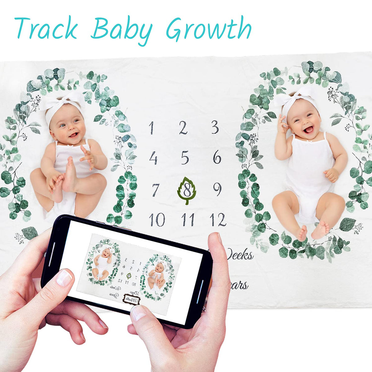 Vlokup - Manta para bebé con diseño de hito para niños y niñas, manta de franela de primera calidad para fotografía de fondo, corona neutra de hoja verde bohemia..