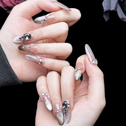 PHYLIN LEAF Uñas Postizas De Presión Impress, Tamaño Mediano, Forma Almendrada Ovalada, Diseño 3D De Cristal Negro Y Diamante, Gruesas, Para Manicura De Manos Y Dedos, Con Pegamento. Uñas Postizas Art