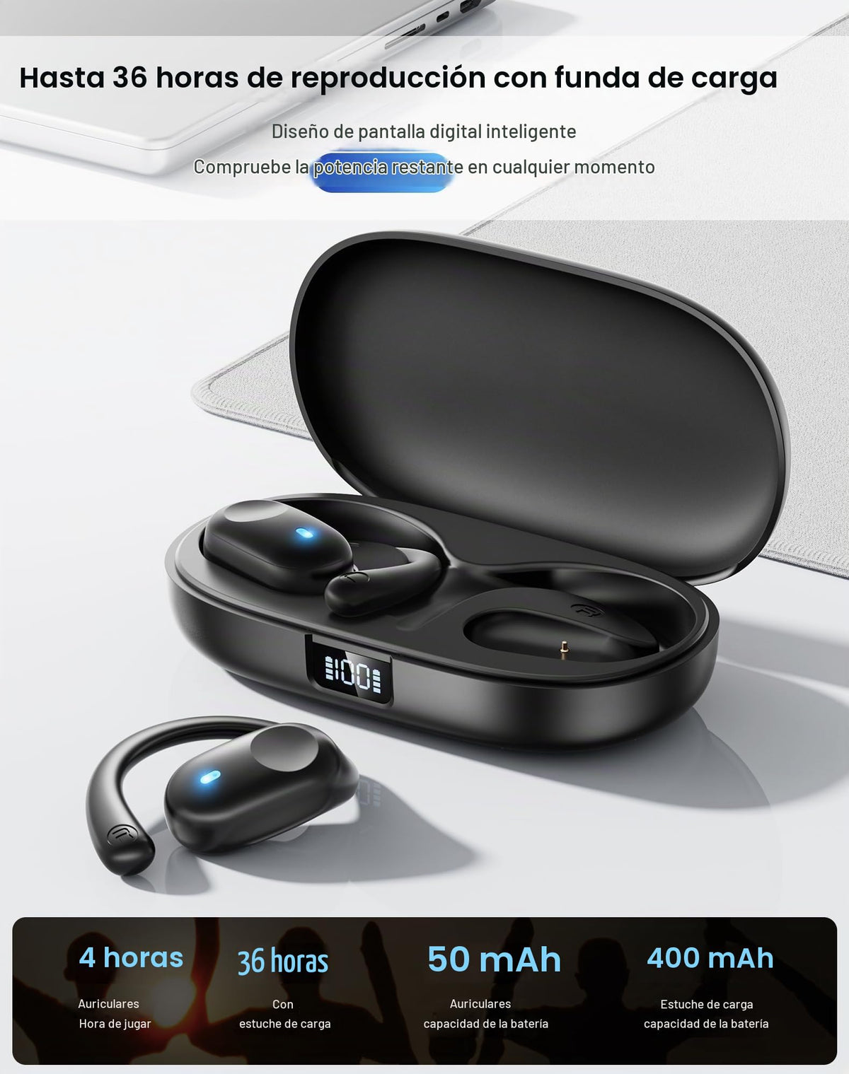 Audífonos de Oído Abierto Xuuly Negro Bluetooth 5.3 Ajustables Ultra Cómodos para Ciclismo
