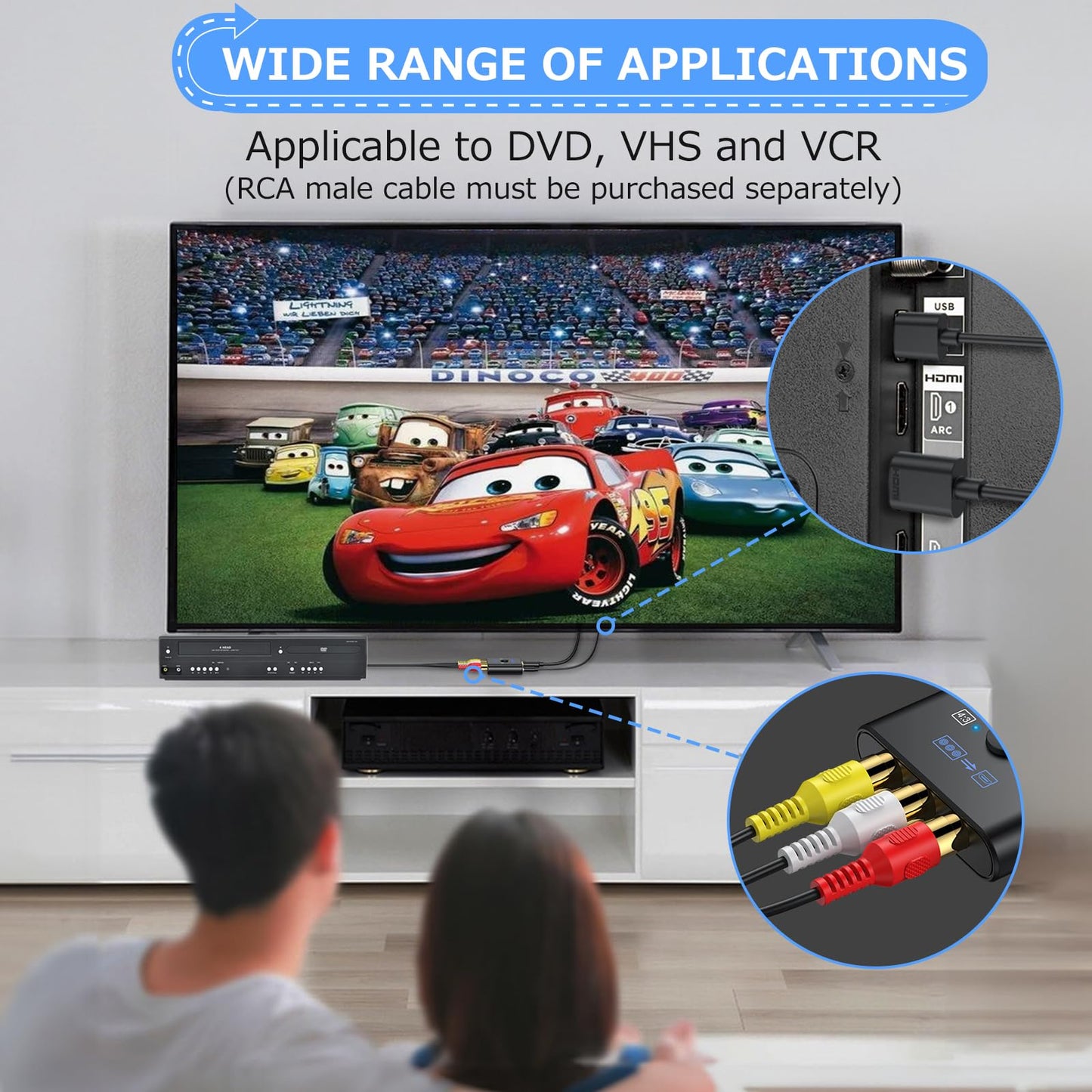 CAMWAY Adaptador RCA a HDMI, 16:9/4:3, conversión 1080P compuesto CVBS AV RCA convertidor de audio de vídeo con cable HDMI de 50 cm, adaptador AV compatible con PAL/NTSC para Wii/PS1/PS2/N64/Xbox/DVD