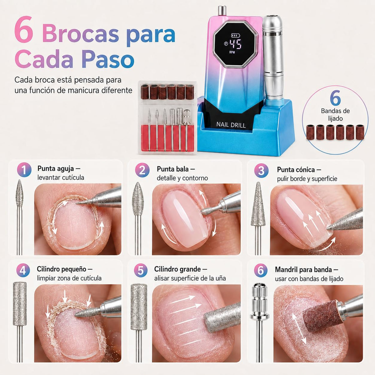 Esmerl para Uñas Eléctrica,Drill para Uñas Profesional 45000 rpm de Velocidad Ajustable con base de soporte,6 Drill Multifunción,Drill para Uñas Profesional de bajo ruido para uso doméstico y salón.