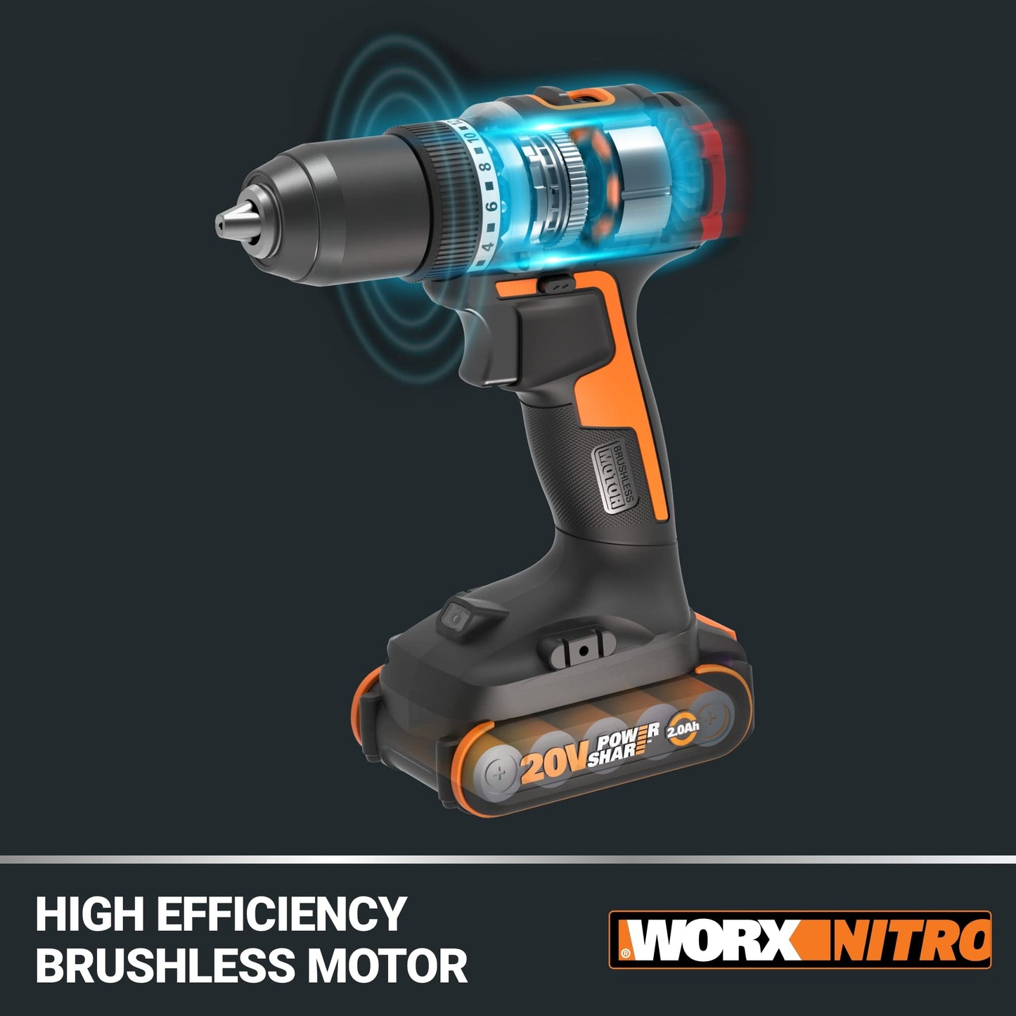 Worx Nitro - Taladro inalámbrico de 20 V de 1/2 pulgadas con motor sin escobillas, juego compacto y ligero de solo 6 pulgadas y 3 libras, solo herramienta WX130L.9 compatible con Power Share