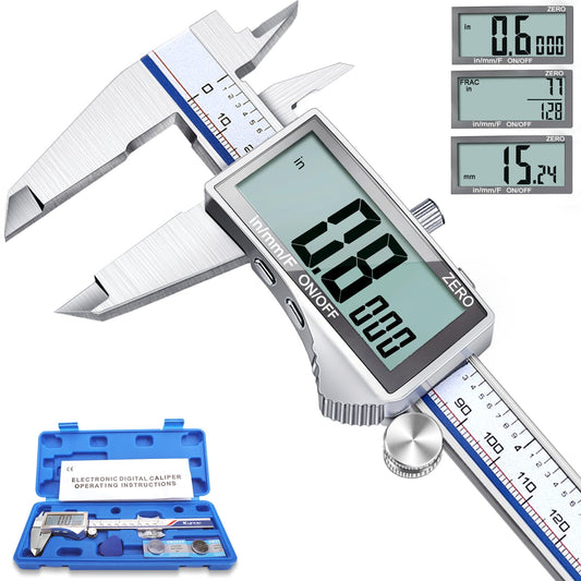 Kynup - Calibre digital, herramienta de medición de calibrador con visualización LCD grande, calibre micrómetro, acero inoxidable, a prueba de salpicaduras, fácil interruptor de fracción métrica en