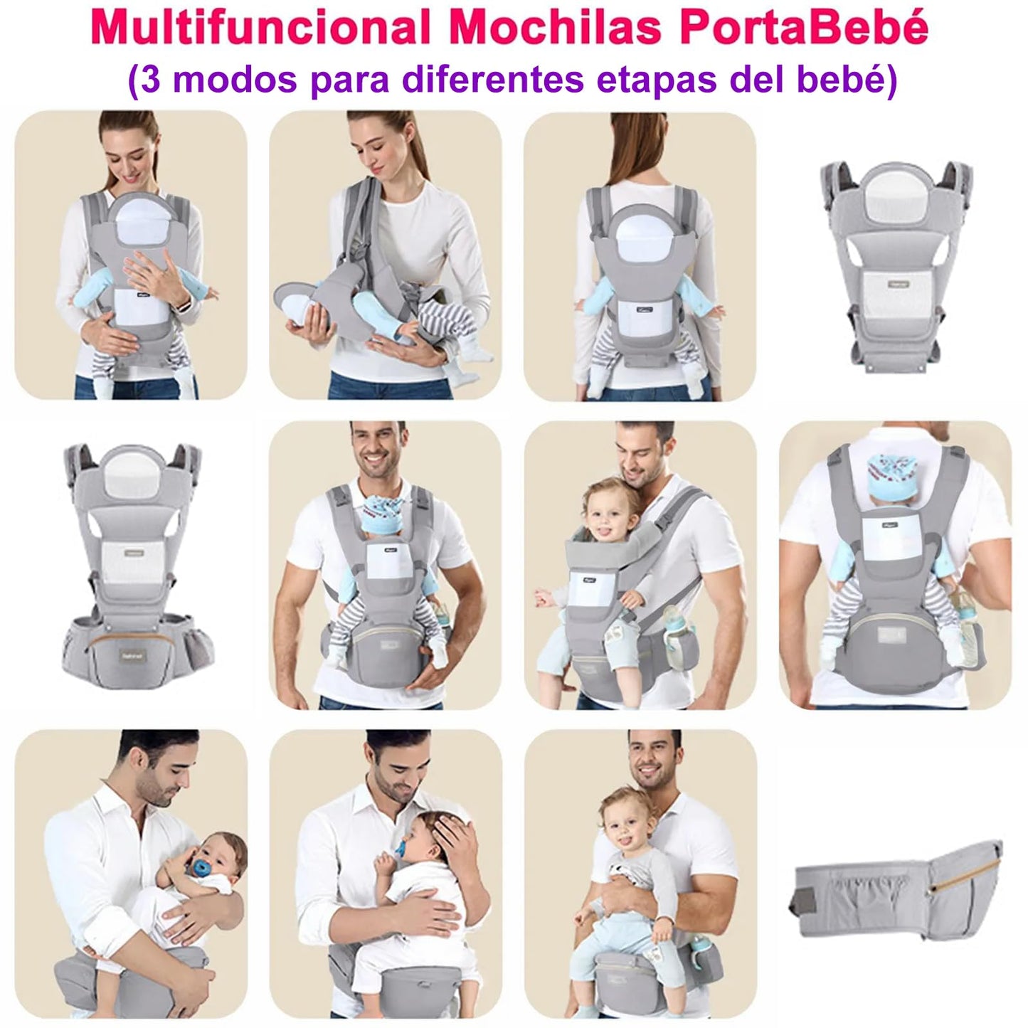 Cangurera para Bebe Ergonómica - Mochila Portabebé con Asiento de Cadera y Diseño Transpirable, Ajustable y Multifuncional para Recién Nacidos y Niños Pequeños - Soporta Hasta 30 kg
