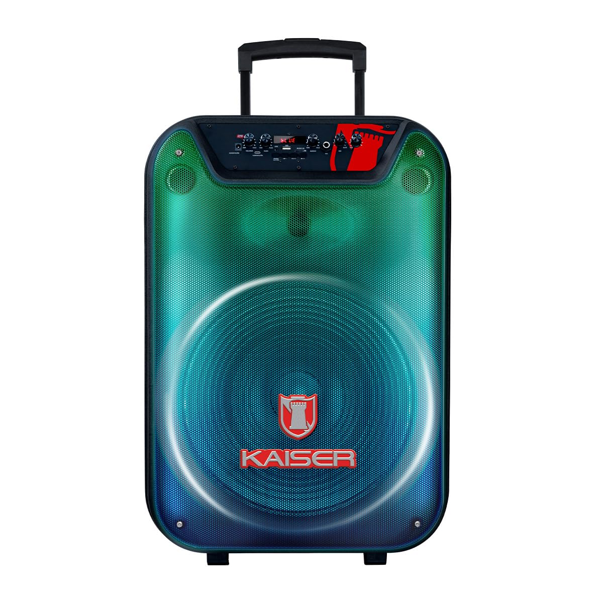 Bocina Profesional de 15 Pulgadas con Luz Flama Frontal Recargable, 35W RMS, Bluetooth, FM, USB, Micro SD, Aux, Micrófono Alámbrico y Ruedas para fácil transportación y manija retráctil KSW-3515
