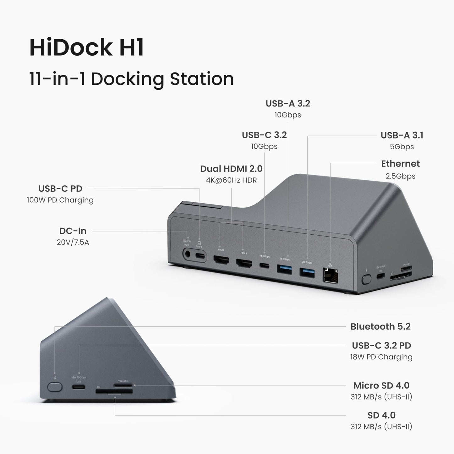 H1 Estación de acoplamiento USB C 11 en 1 con grabadora de voz AI, transcripción y resumen gratuitos, HDMI dual 4K a 60Hz, 118W PD, Ethernet de 2.5Gbps, transferencia rápida de datos de 10Gbps, lector