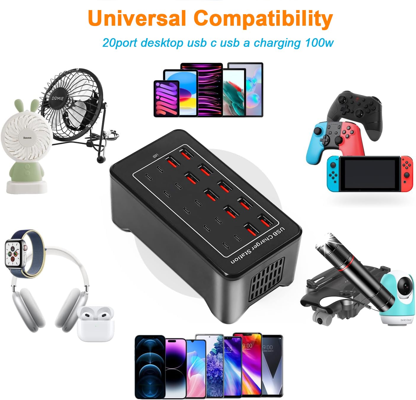 Bloque de cargador USB C de 100 W, estación de carga USB C, 20 puertos (20 A), hub de carga múltiple de computadora de 10 puertos, cargador USB compatible con Apple iPhone, iPad, Samsung, Pixel,